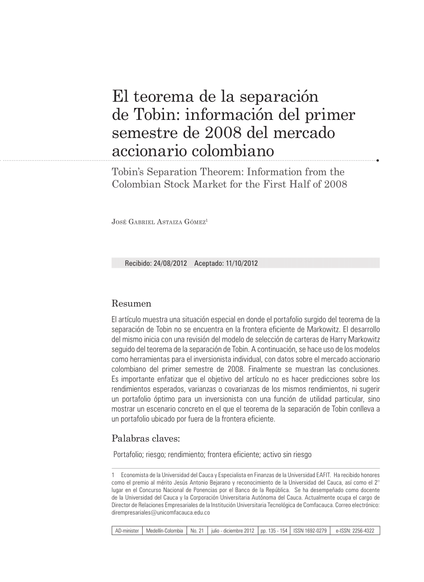 PDF) El teorema de la separación de Tobin: información del primer semestre  de 2008 del mercado accionario colombiano