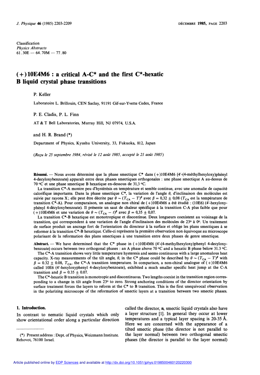 Pdf 10e4m6 A Critical A C And The First C Hexatic B Liquid Crystal Phase Transitions