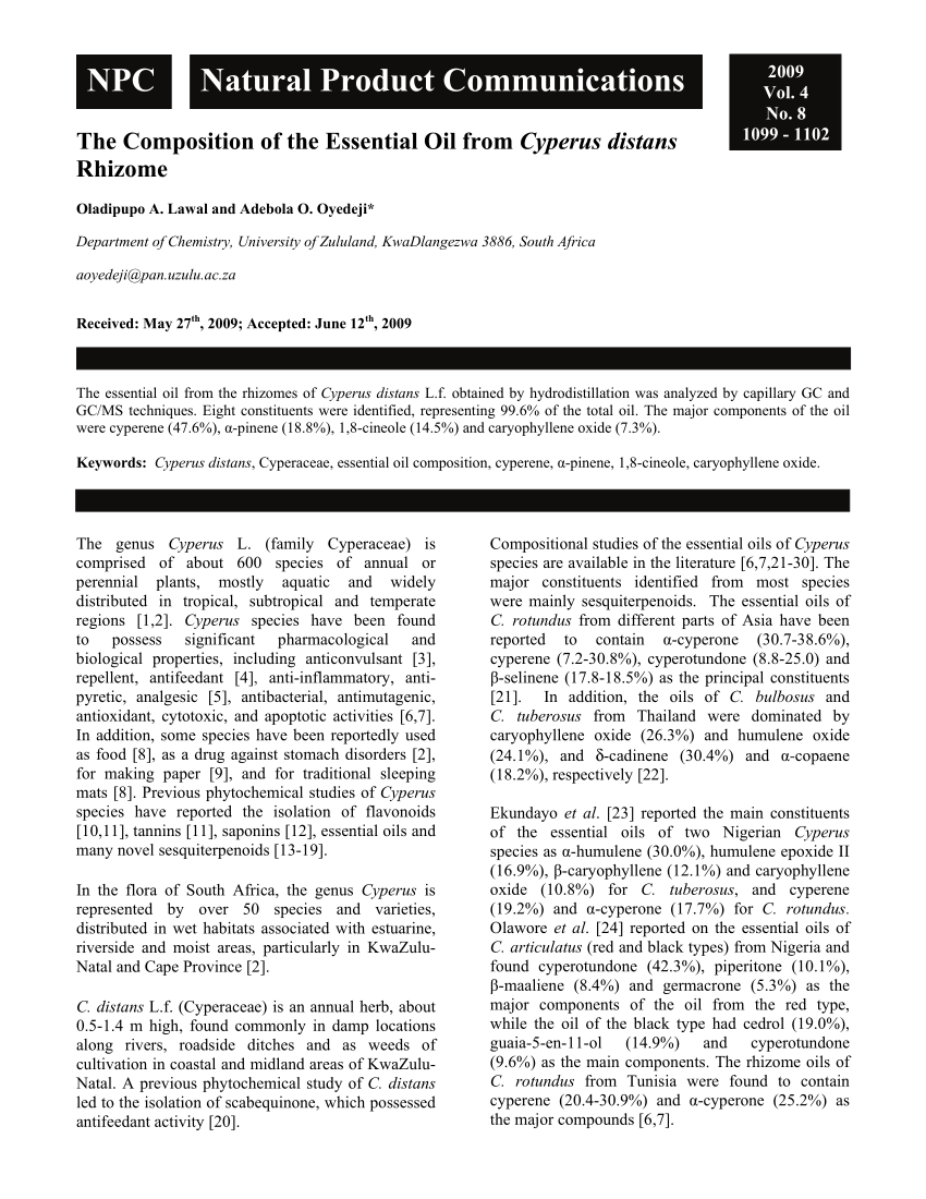 Pdf The Composition Of The Essential Oil From Cyperus Distans Rhizome