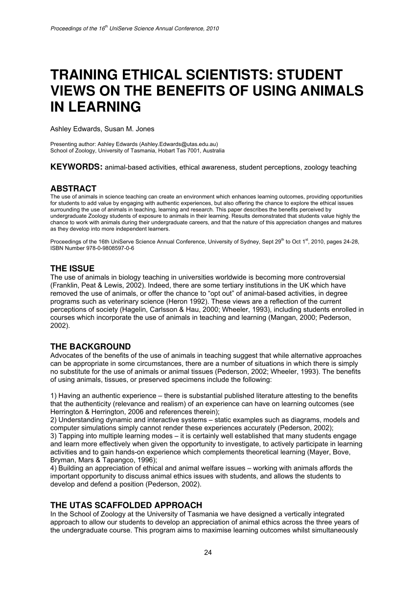 PDF) TRAINING ETHICAL SCIENTISTS: STUDENT VIEWS ON THE BENEFITS OF USING  ANIMALS IN LEARNING