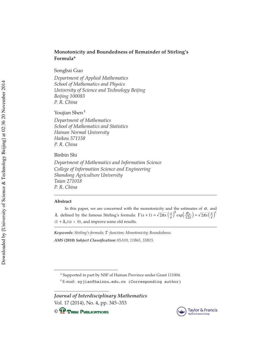 PDF) Monotonicity and Boundedness of Remainder of Stirling's Formula