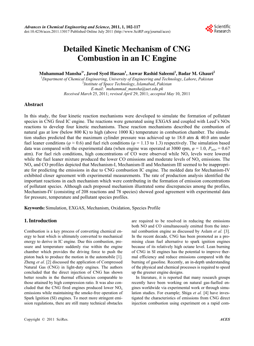 Pdf Detailed Kinetic Mechanism Of Cng Combustion In An Ic Engine