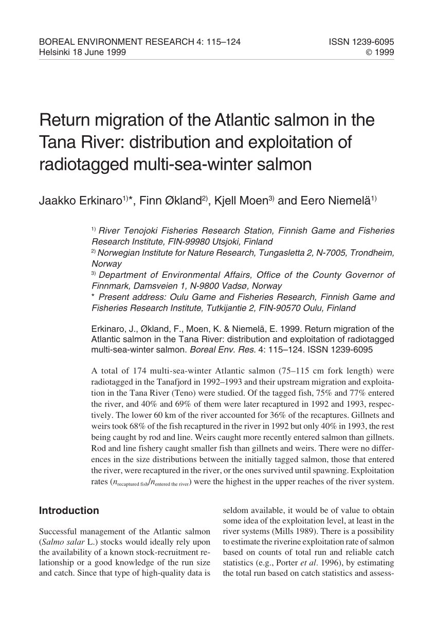 Pdf Return Migration Of The Atlantic Salmon In The Tana River Distribution And Exploitation Of Radiotagged Multi Sea Winter Salmon
