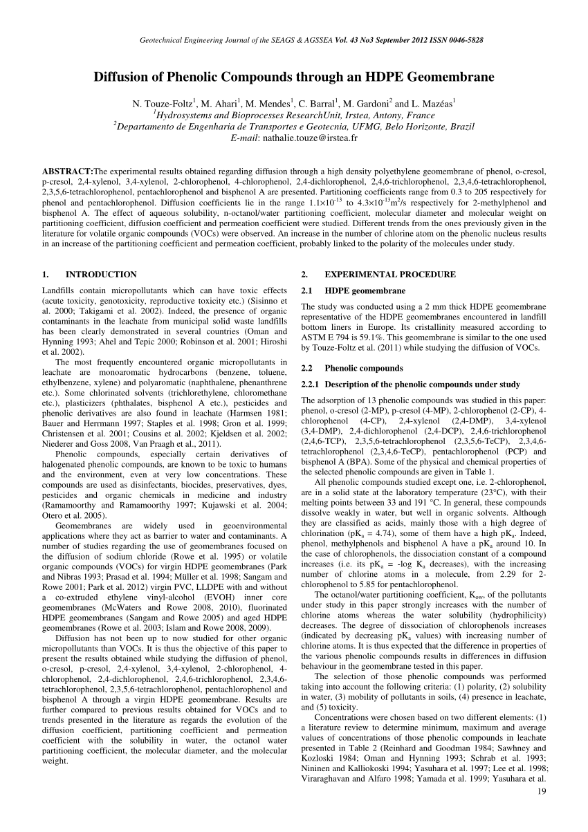 PDF) Diffusion of Chloride and Dichloromethane Through an HDPE Geomembrane