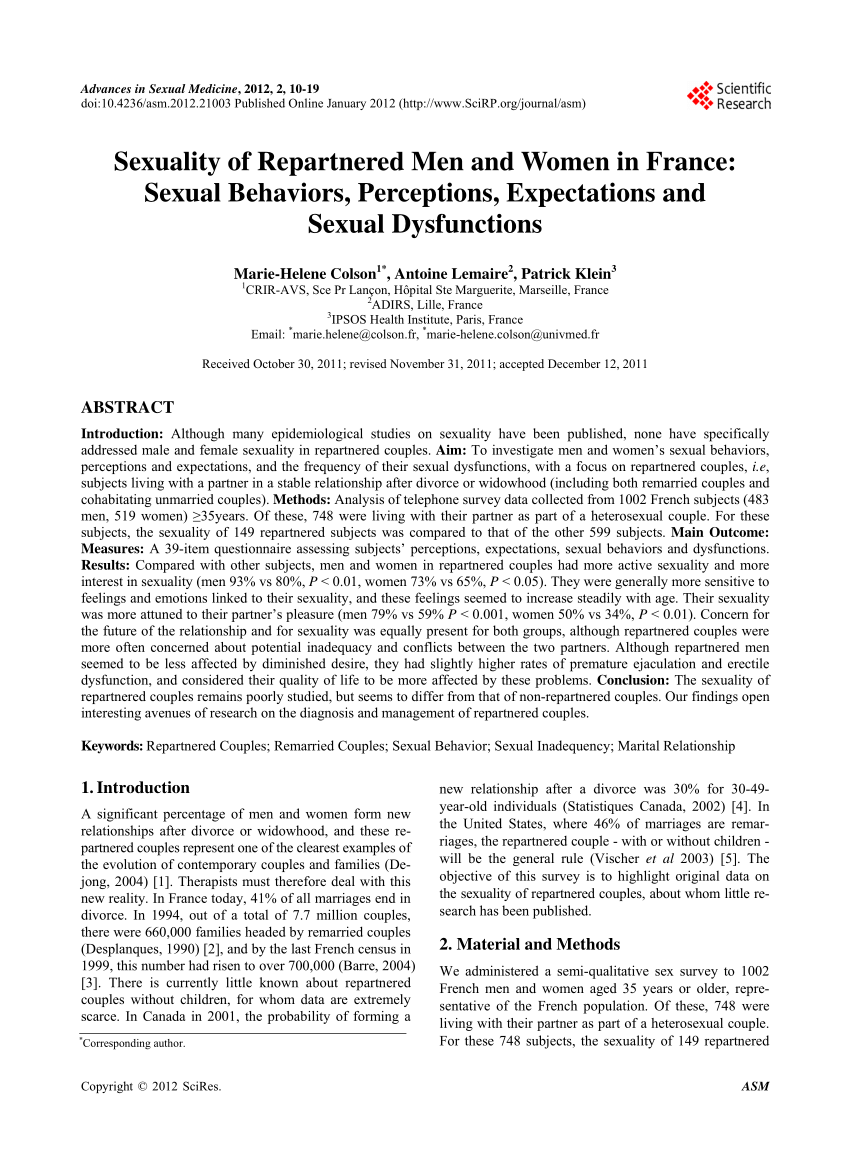 PDF) Sexuality of Repartnered Men and Women in France: Sexual Behaviors,  Perceptions, Expectations and Sexual Dysfunctions