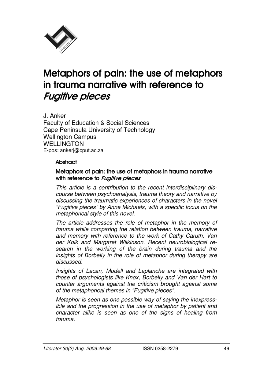 Pdf Metaphors Of Pain The Use Of Metaphors In Trauma Narrative With Reference To Fugitive Pieces