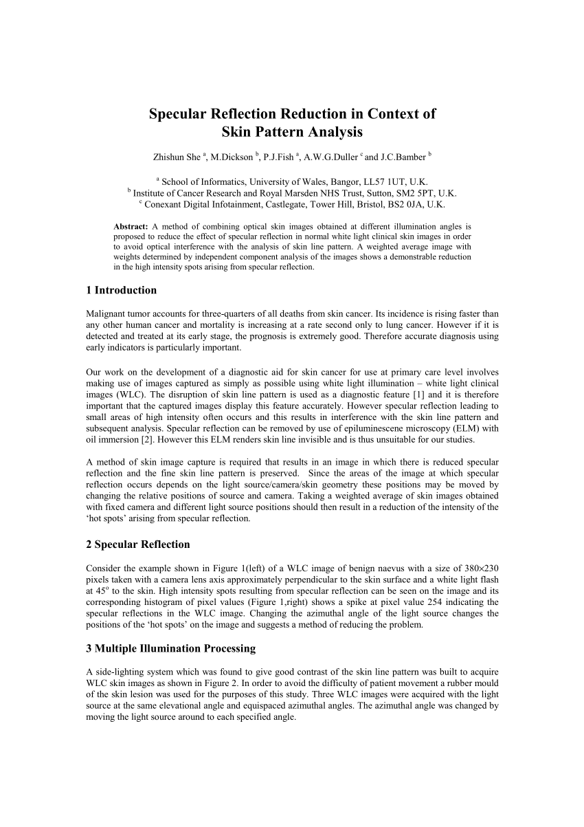 Pdf Specular Reflection Reduction In Context Of Skin Pattern Analysis