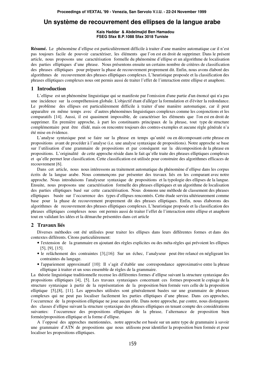 Pdf Un Systeme De Recouvrement Des Ellipses De La Langue Arabe