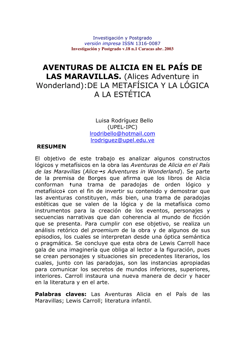 PDF) AVENTURAS DE ALICIA EN PAÍS DE LAS MARAVILLAS. (Alice''s Adventure in Wonderland): DE LA METAFÍSICA Y LA LÓGICA A LA ESTÉTICA