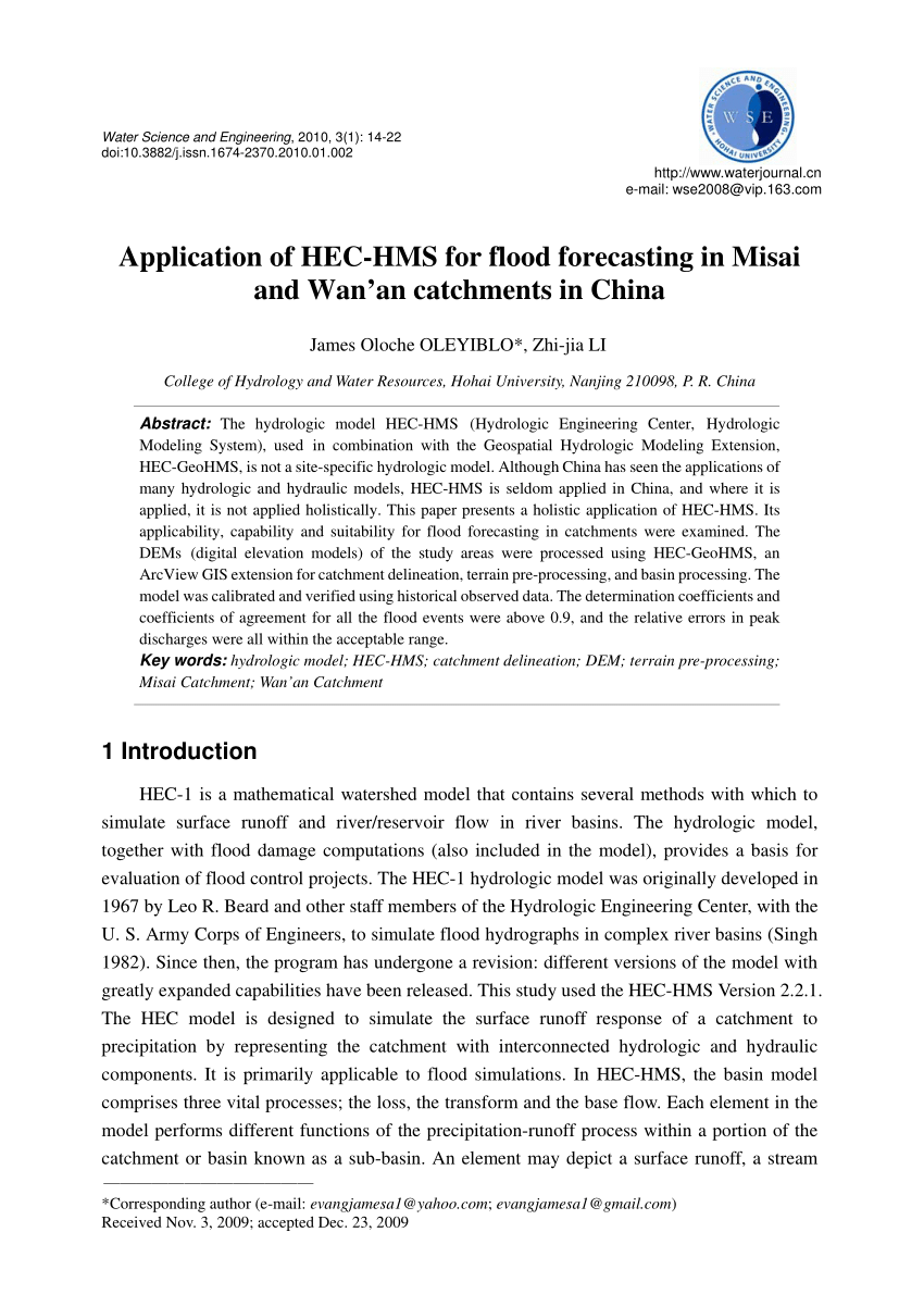 Pdf Application Of Hec Hms For Flood Forecasting In Misai And Wan An Catchments In China