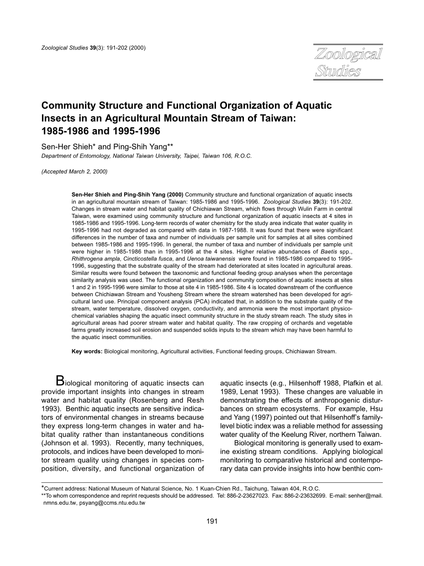 Pdf Community Structure And Functional Organization Of Aquatic Insects In An Agricultural Mountain Stream Of Taiwan 1985 1986 And 1995 1996