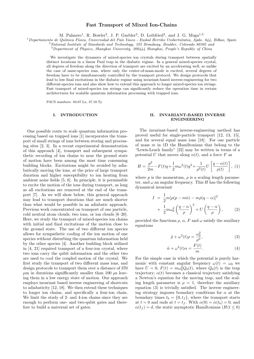 Pdf Fast Transport Of Mixed Species Ion Chains Within A Paul Trap
