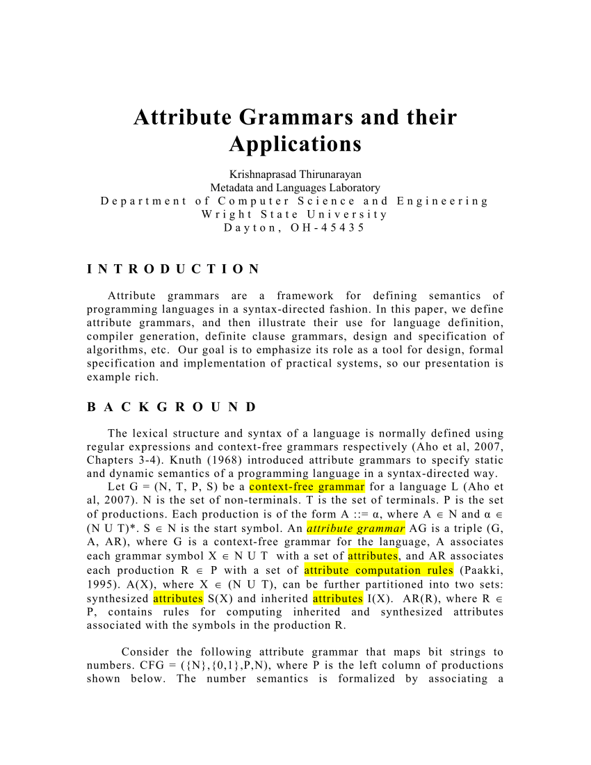 PDF) Attribute Grammars and Their Applications