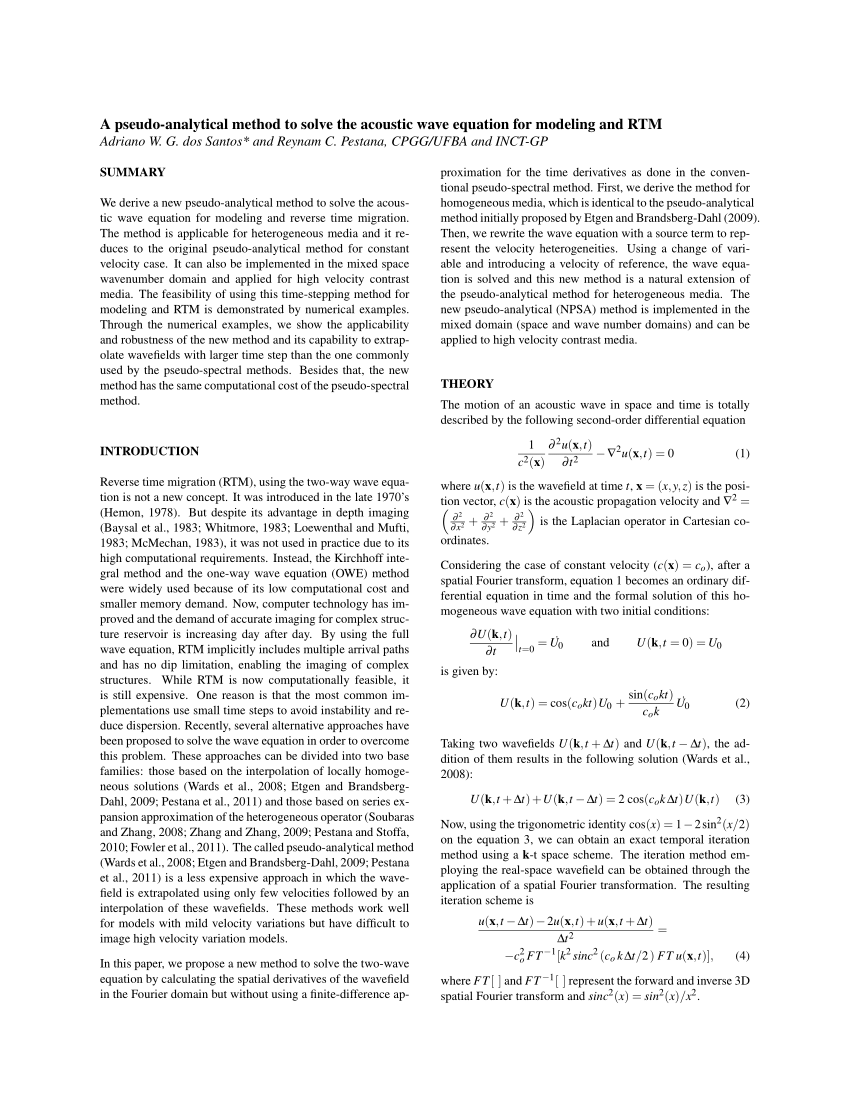 Pdf A Pseudo Analytical Method To Solve The Acoustic Wave Equation For Modeling And Rtm
