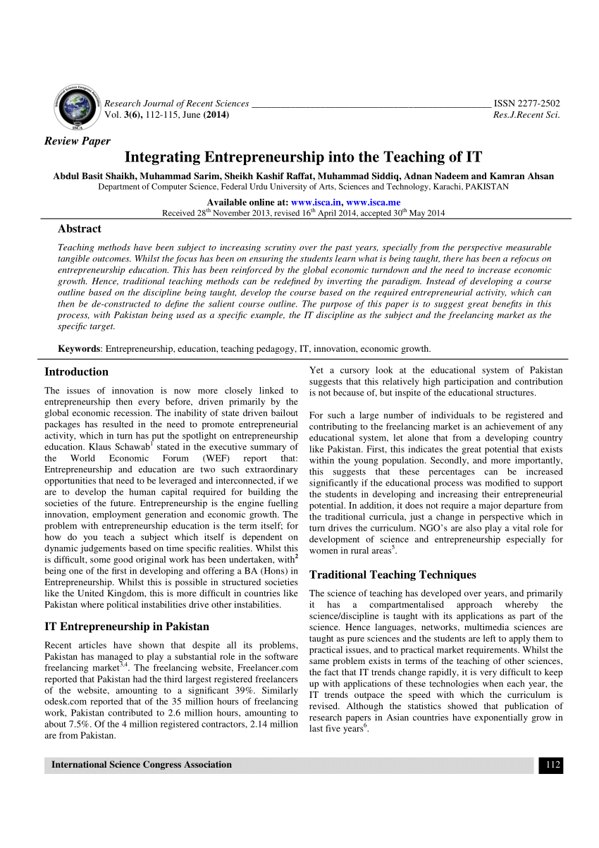 Pdf Integrating Entrepreneurship Into The Teaching Of It