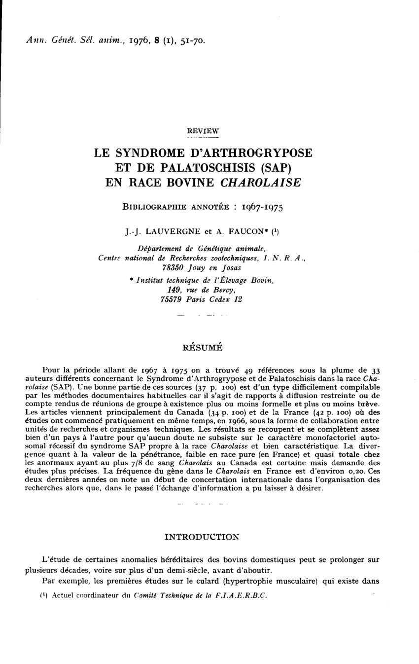 Pdf Le Syndrome D Arthrogrypose Et De Palatoschisis Sap En Race Bovine Charolaise Bibliographie Annotee 1967 1975