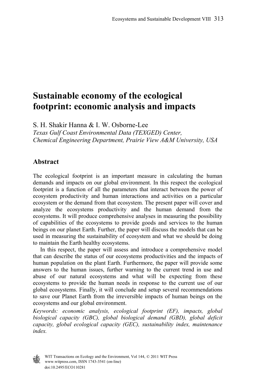 Pdf Sustainable Economy Of The Ecological Footprint Economic Analysis And Impacts