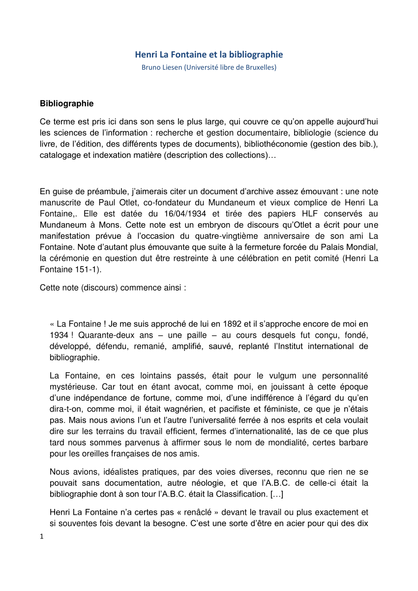 (PDF) Henri La Fontaine et la bibliographie