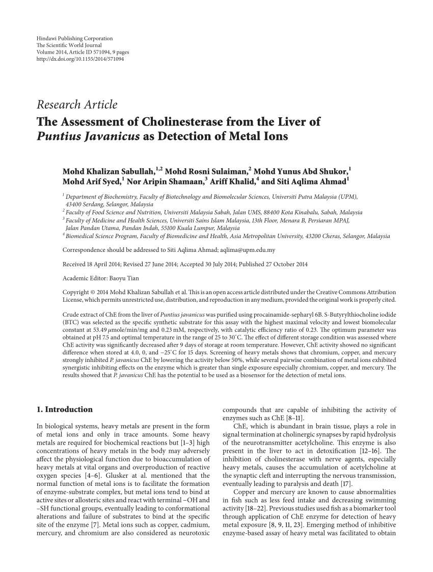 PDF) The Assessment of Cholinesterase from the Liver of Puntius 