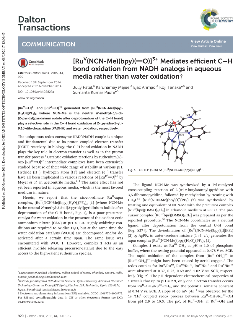 Pdf Ru V Ncn Me Bpy O 3 Mediates Efficient C H Bond Oxidation From Nadh Analogs In Aqueous Media Rather Than Water Oxidation