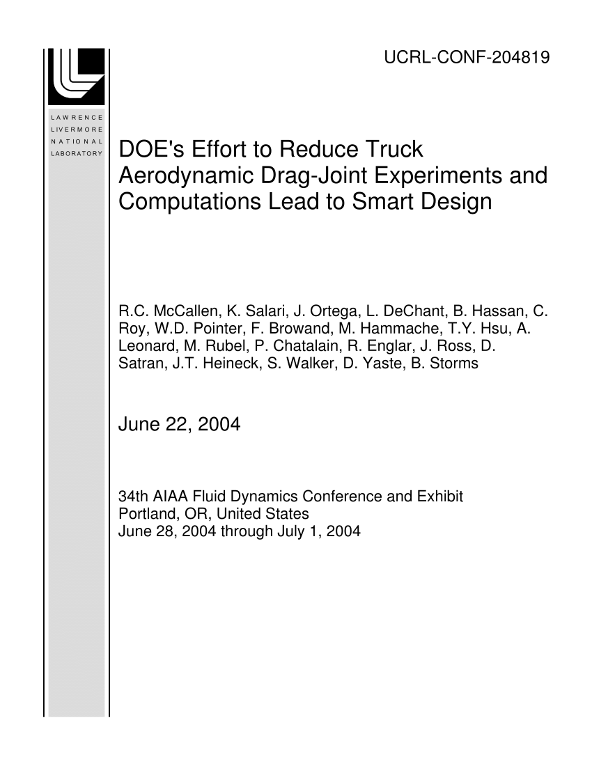 Pdf Doe S Effort To Reduce Truck Aerodynamic Drag Joint Experiments And Computations Lead To Smart Design