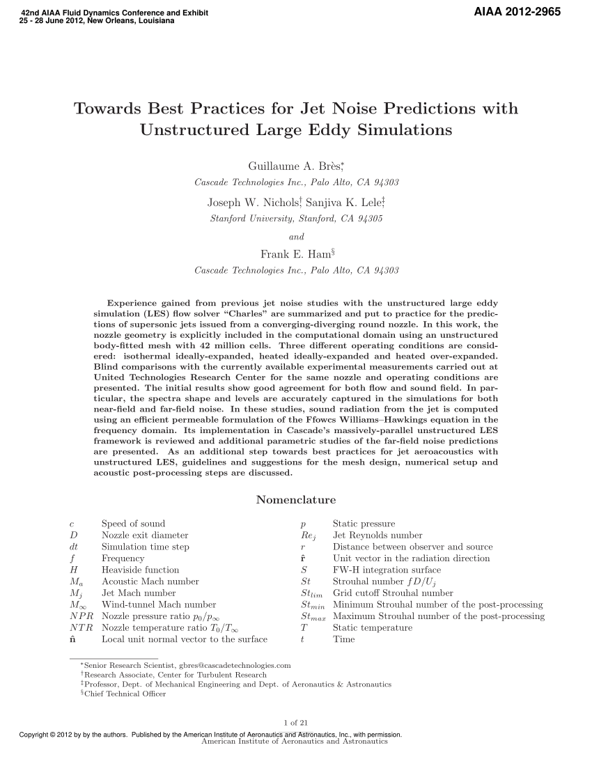 Pdf Towards Best Practices For Jet Noise Predictions With Unstructured Large Eddy Simulations