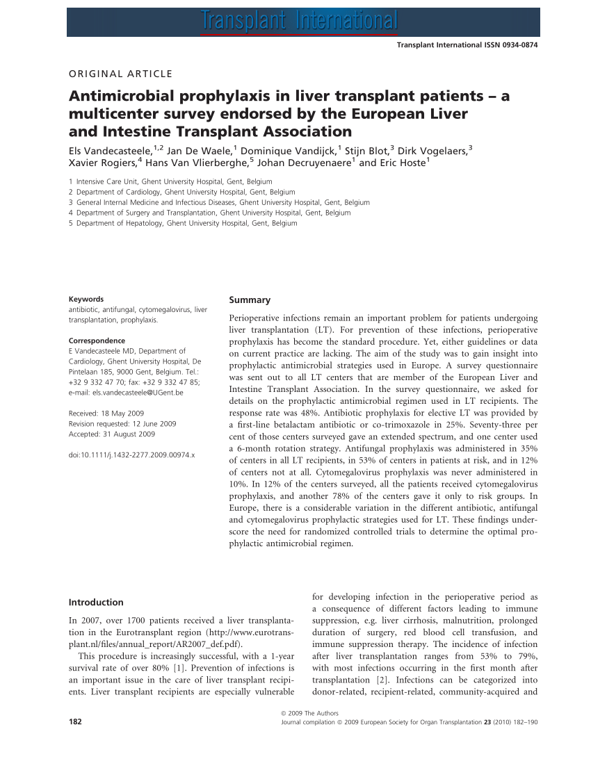 Pdf Antimicrobial Prophylaxis In Liver Transplant Patients A Multicenter Survey Endorsed By The European Liver And Intestine Transplant Association