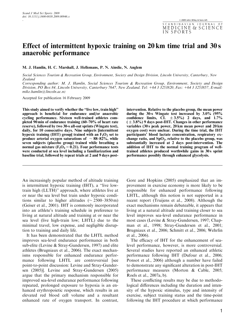 ondersteuning horizon Wacht even PDF) Effect of intermittent hypoxic training on 20 km time trial and 30 s  anaerobic performance