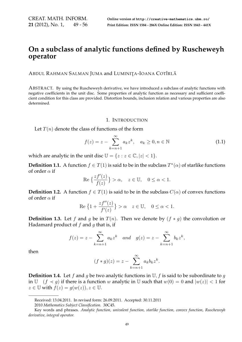 Pdf On A Subclass Of Analytic Functions Defined By Ruscheweyh Operator