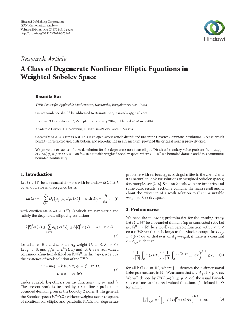 Pdf A Class Of Degenerate Nonlinear Elliptic Equations In Weighted Sobolev Space