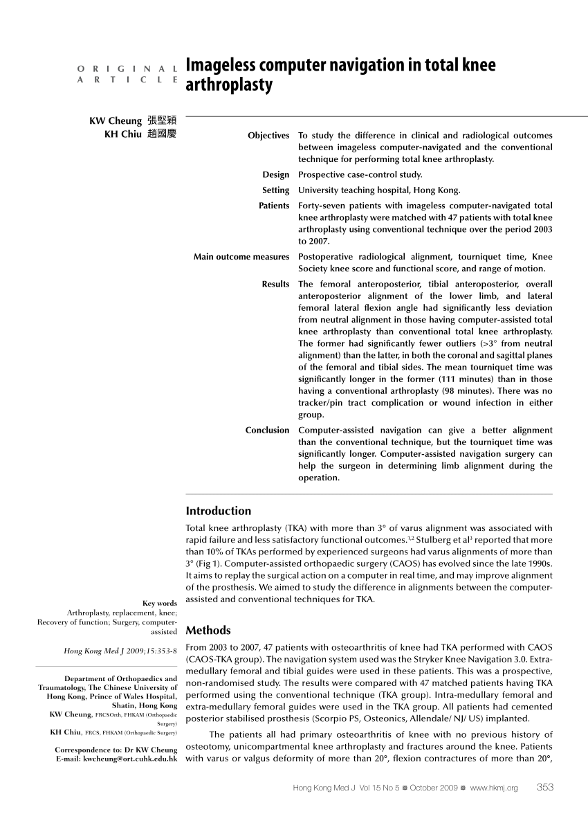 Pdf Imageless Computer Navigation In Total Knee Arthroplasty