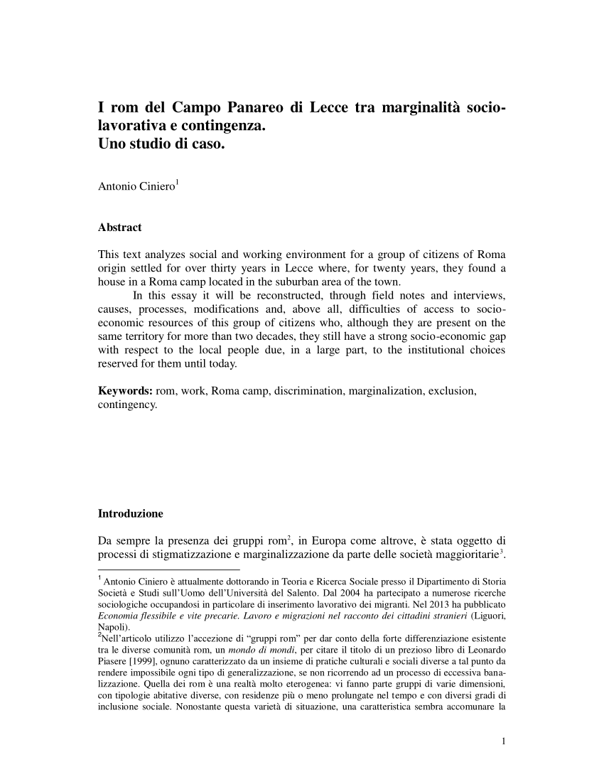 PDF) I rom del Campo Panareo di Lecce tra marginalità socio-lavorativa e  contingenza. Uno studio di caso.