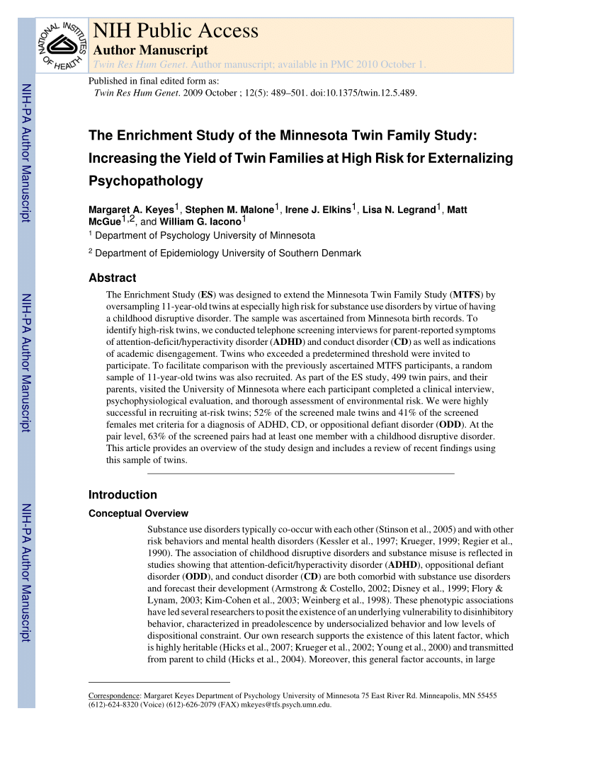 (PDF) The Enrichment Study of the Minnesota Twin Family Study