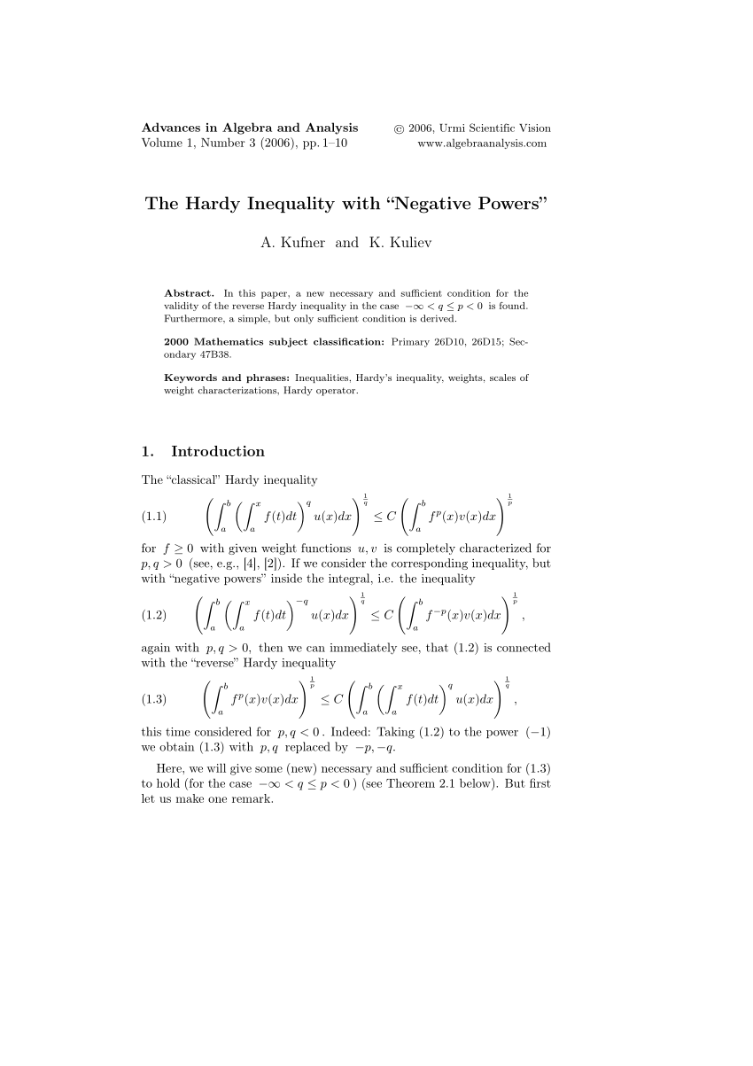 Pdf The Hardy Inequality With Negative Powers
