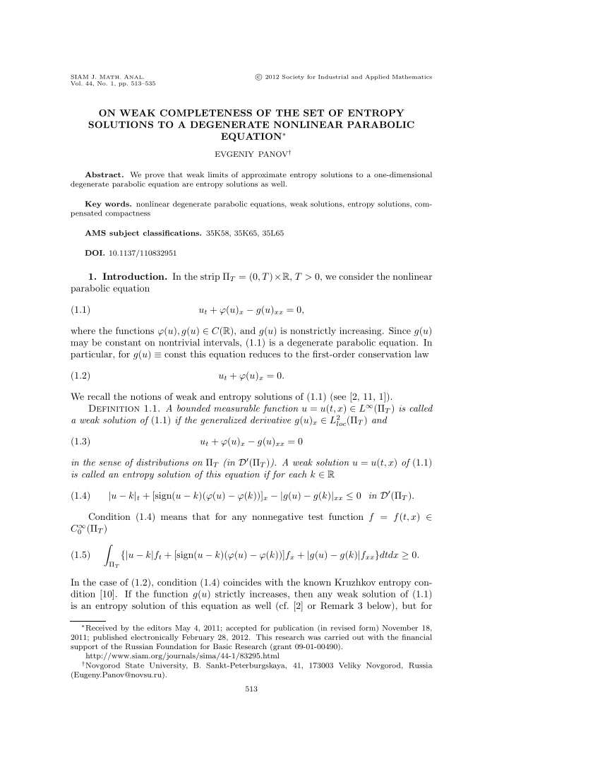 Pdf On Weak Completeness Of The Set Of Entropy Solutions To A Degenerate Nonlinear Parabolic Equation
