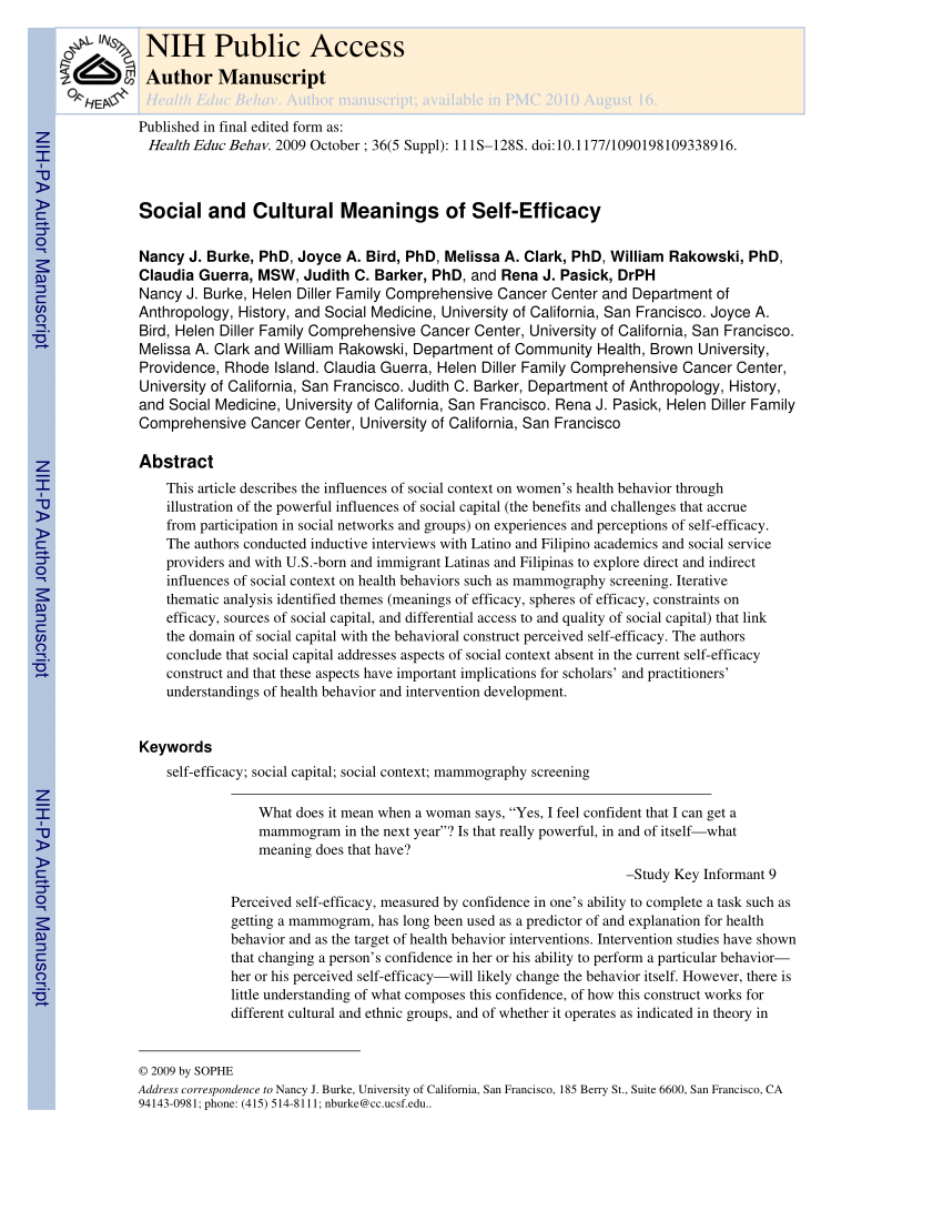 Pdf Social And Cultural Meanings Of Self Efficacy