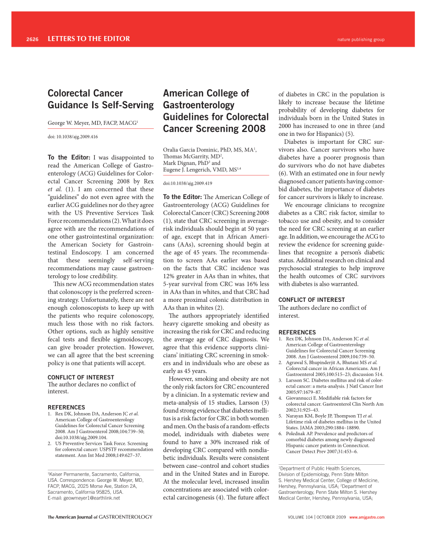 PDF) American College of Gastroenterology Guidelines for Colorectal Cancer  Screening 2008