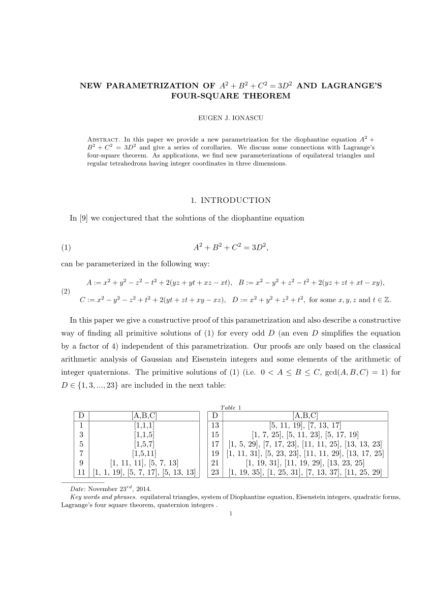 PDF] New parametrization of $A^2+B^2+C^2=3D^2$ and Lagrange's four-square  theorem