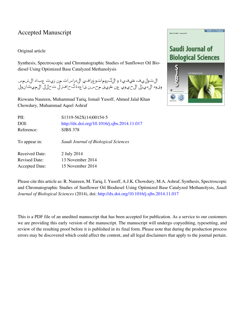 Pdf Synthesis Spectroscopic And Chromatographic Studies Of Sunflower Oil Biodiesel Using Optimized Base Catalyzed Methanolysis