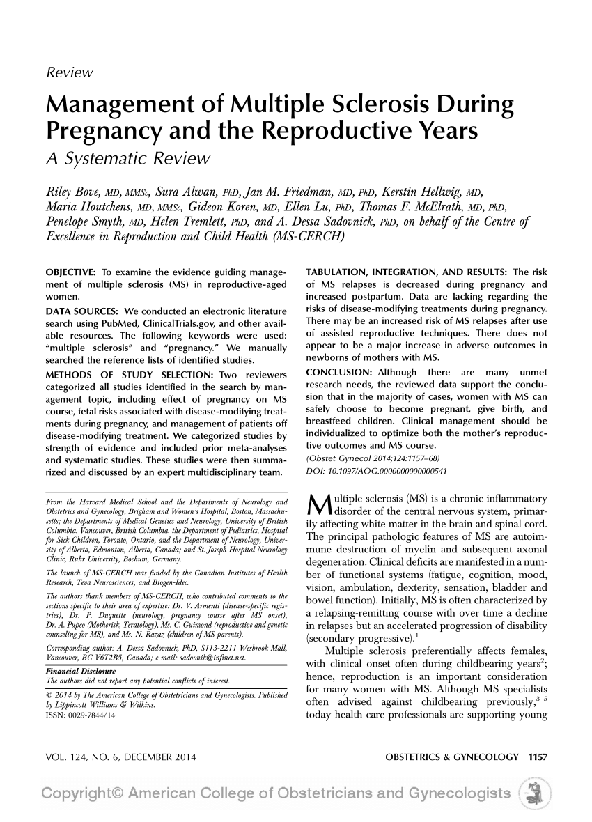 Pdf Management Of Multiple Sclerosis During Pregnancy And The Reproductive Years