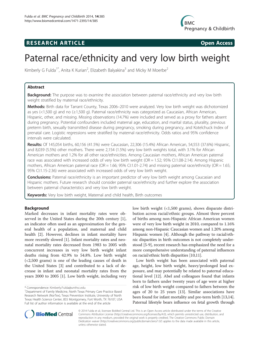 PDF Paternal race ethnicity and very low birth weight