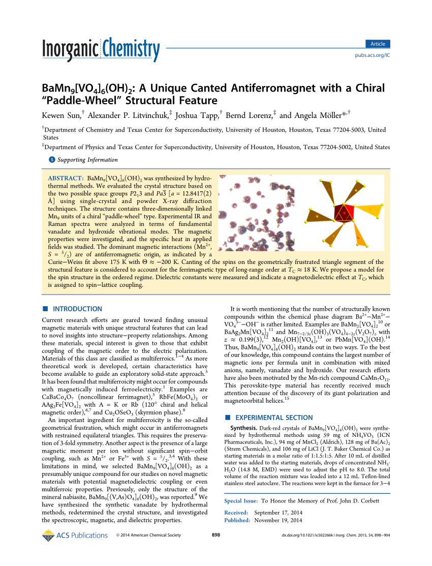 PDF) BaMn 9 [VO 4 ] 6 (OH) 2 : A Unique Canted Antiferromagnet with a  Chiral “Paddle-Wheel” Structural Feature