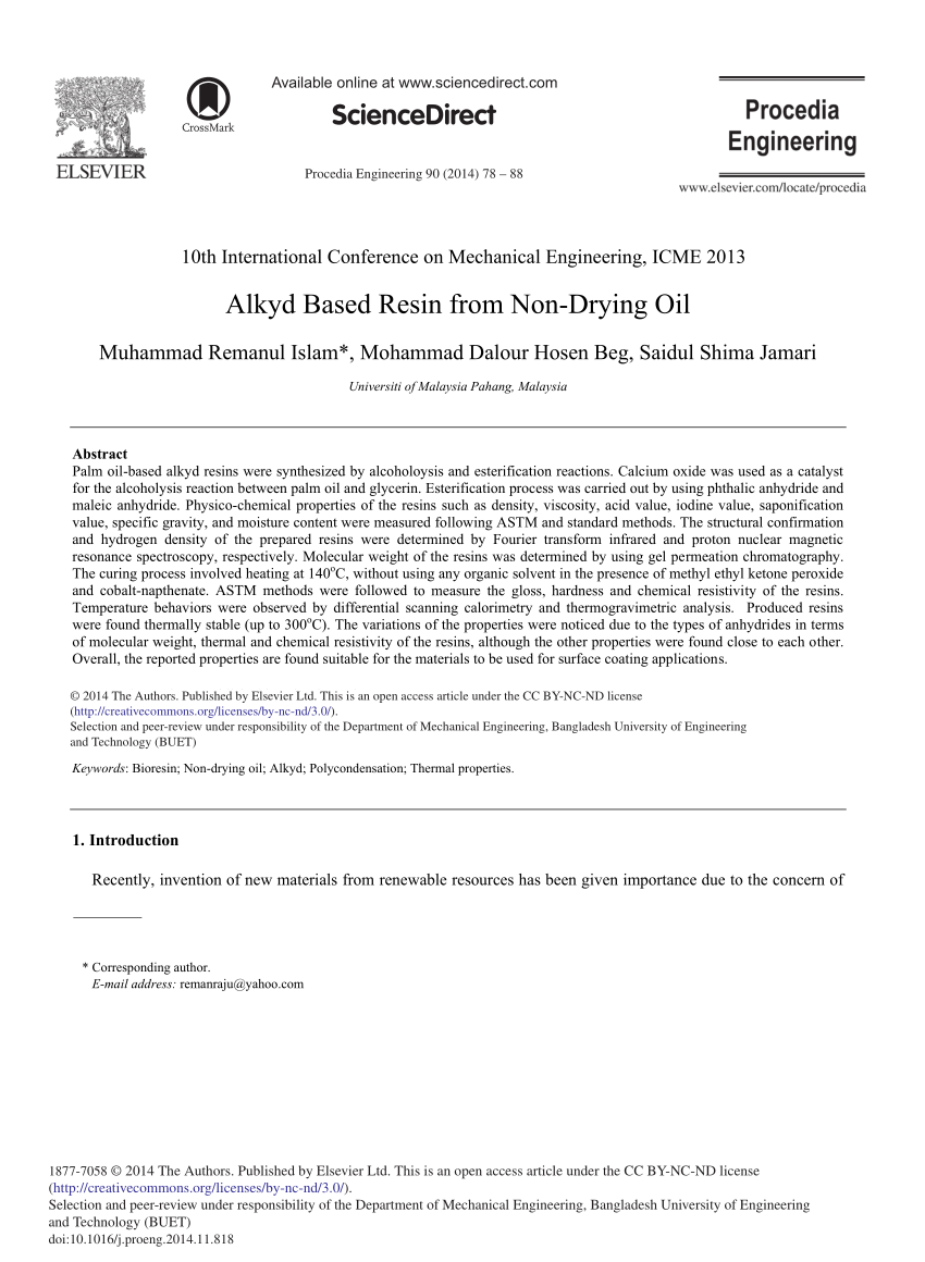 (PDF) Alkyd Based Resin from Non-Drying Oil