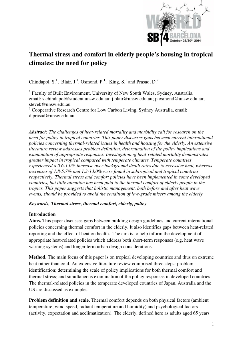 Pdf Thermal Stress And Comfort In Elderly People S Housing In