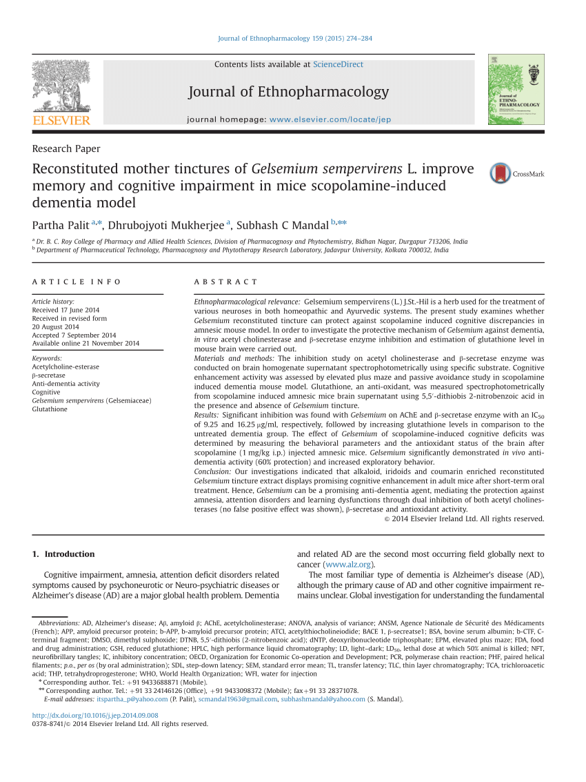 PDF) Reconstituted mother tinctures of Gelsemium sempervirens L. improve  memory and cognitive impairment in mice scopolamine-induced dementia model