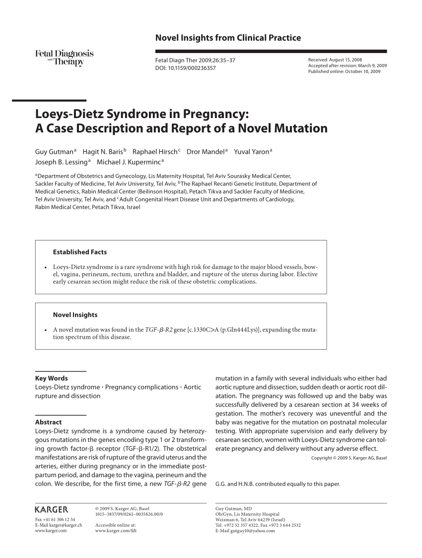 Pdf Loeys Dietz Syndrome In Pregnancy A Case Description And Report Of A Novel Mutation