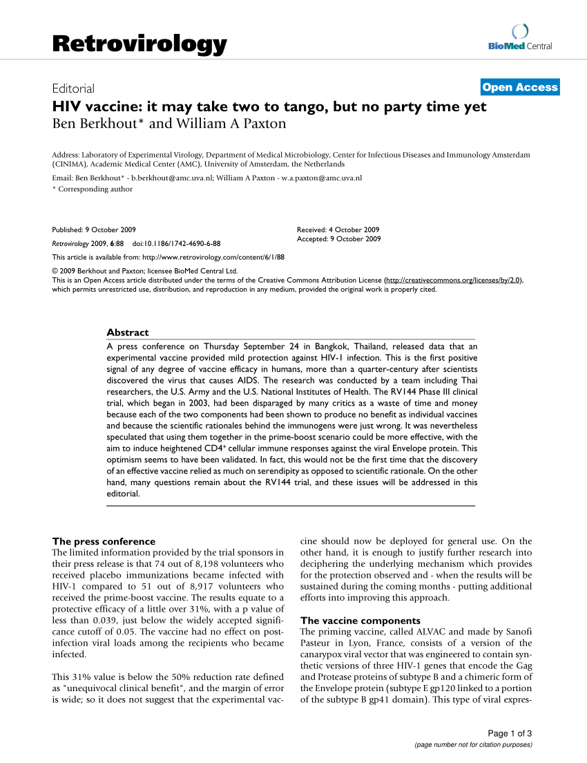 Pdf Hiv Vaccine It May Take Two To Tango But No Party Time Yet