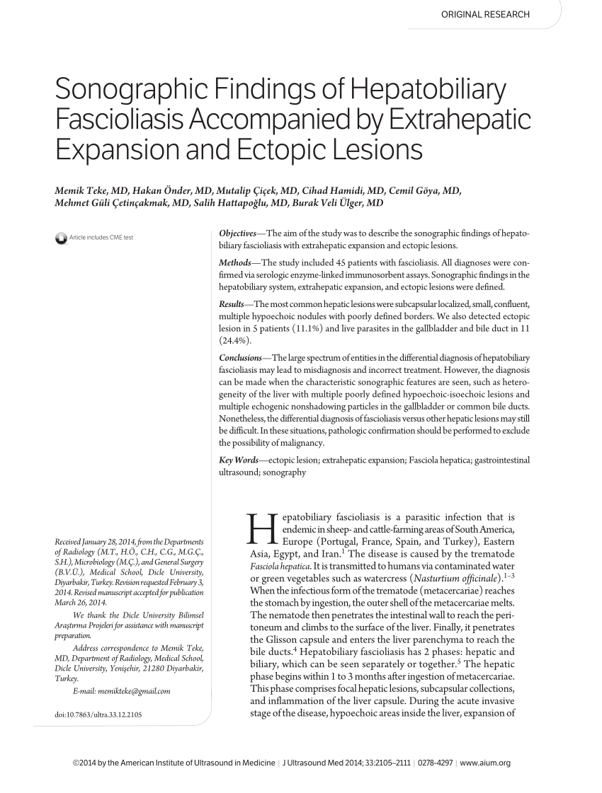 Pdf Sonographic Findings Of Hepatobiliary Fascioliasis Accompanied By Extrahepatic Expansion And Ectopic Lesions