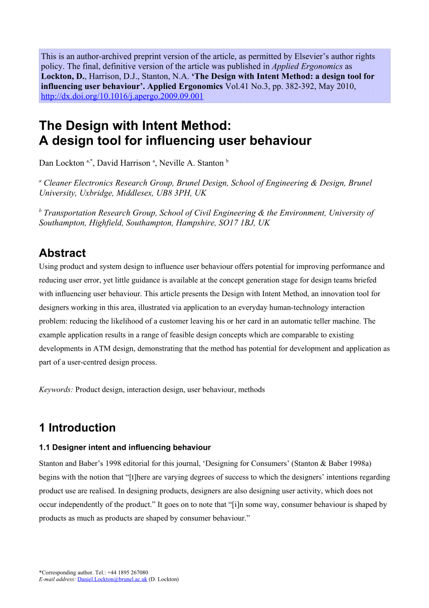 (PDF) The Design with Intent Method: A design tool for influencing user