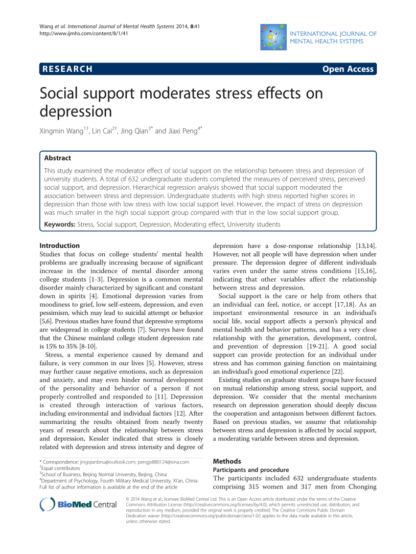 Pdf Social Support Moderates Stress Effects On Depression